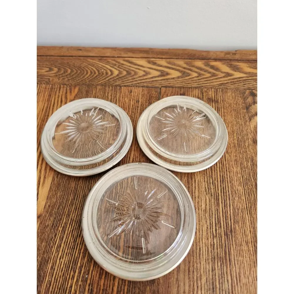 3 Glass Coasters LEONARD Italy Sterling Silver Plate Rim STARBURST MCM Vintage